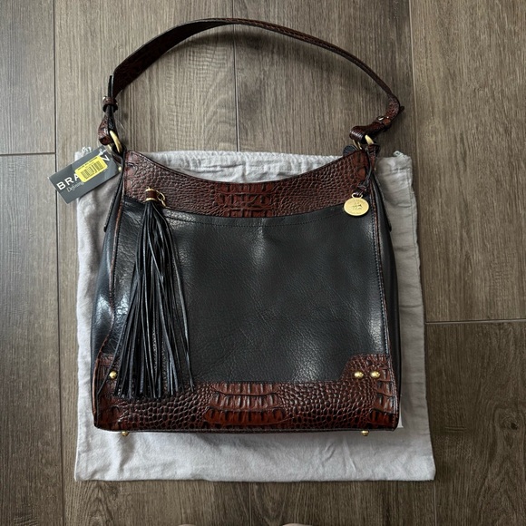 Brahmin Handbags - Brahmin Shoulder Bag Womens Black Brown Croc Embossed Leather Tassel Purse Tote